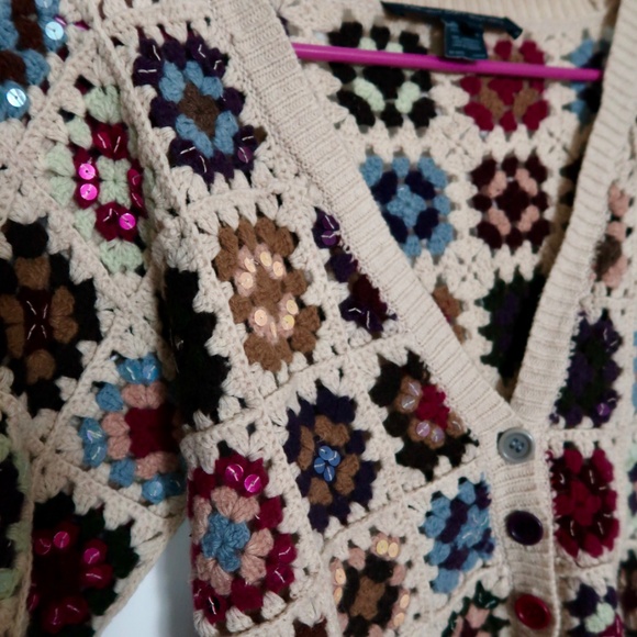 Adorable French Connection Granny Square Crochet Cardigan S - Picture 5 of 7